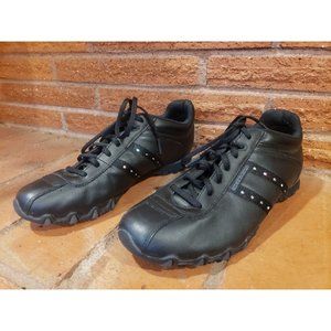 Sketchers womens black lace up sneakers w/rhinestone stud accent. Size 8.
